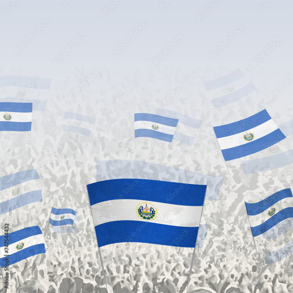 Obraz premium Crowd of people waving flag of El Salvador square graphic for social media and news.