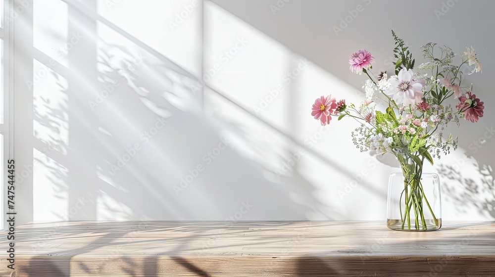 Wooden table of free space for your decoration. White big window with spring time. Fresh flowers on top Wooden table of free space for your decoration. White big window with spring time. Fresh flowers on top