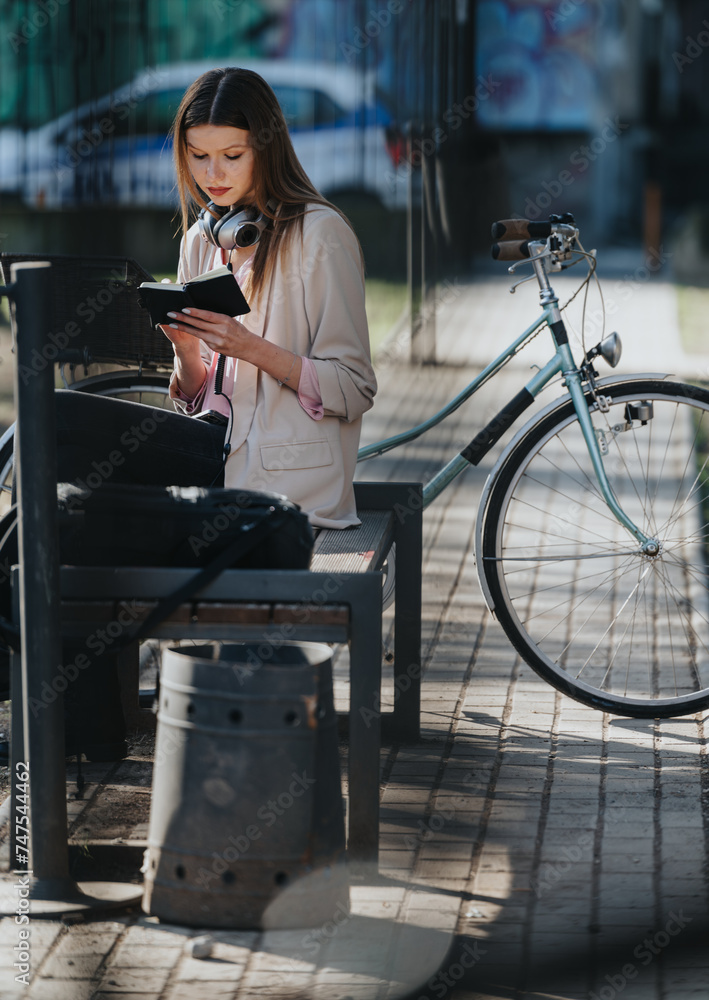 Concentrated young female reading at a bus stop with her headphones around neck and bicycle parked nearby in an urban setting.