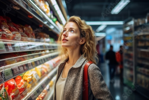 Young girl with curly blond hair in the aisles of a supermarket choosing what to buy