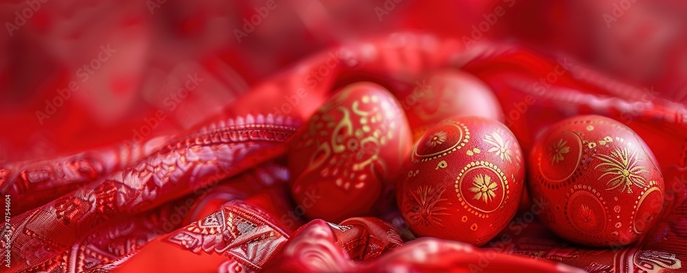 Fototapeta premium orthodox easter traditional red eggs on red cloth