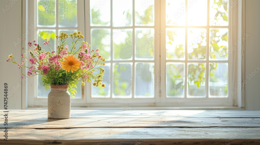 Wooden table of free space for your decoration. White big window with spring time. Fresh flowers on top Wooden table of free space for your decoration. White big window with spring time. Fresh flowers on top