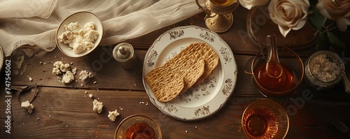 Matzoh bread with kiddush and seder. Jewish Passover holiday