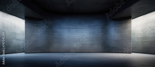 An empty room devoid of any furniture or inhabitants. The space is constructed with dark abstract concrete and coquina smooth walls, creating a stark and minimalistic architectural background. photo