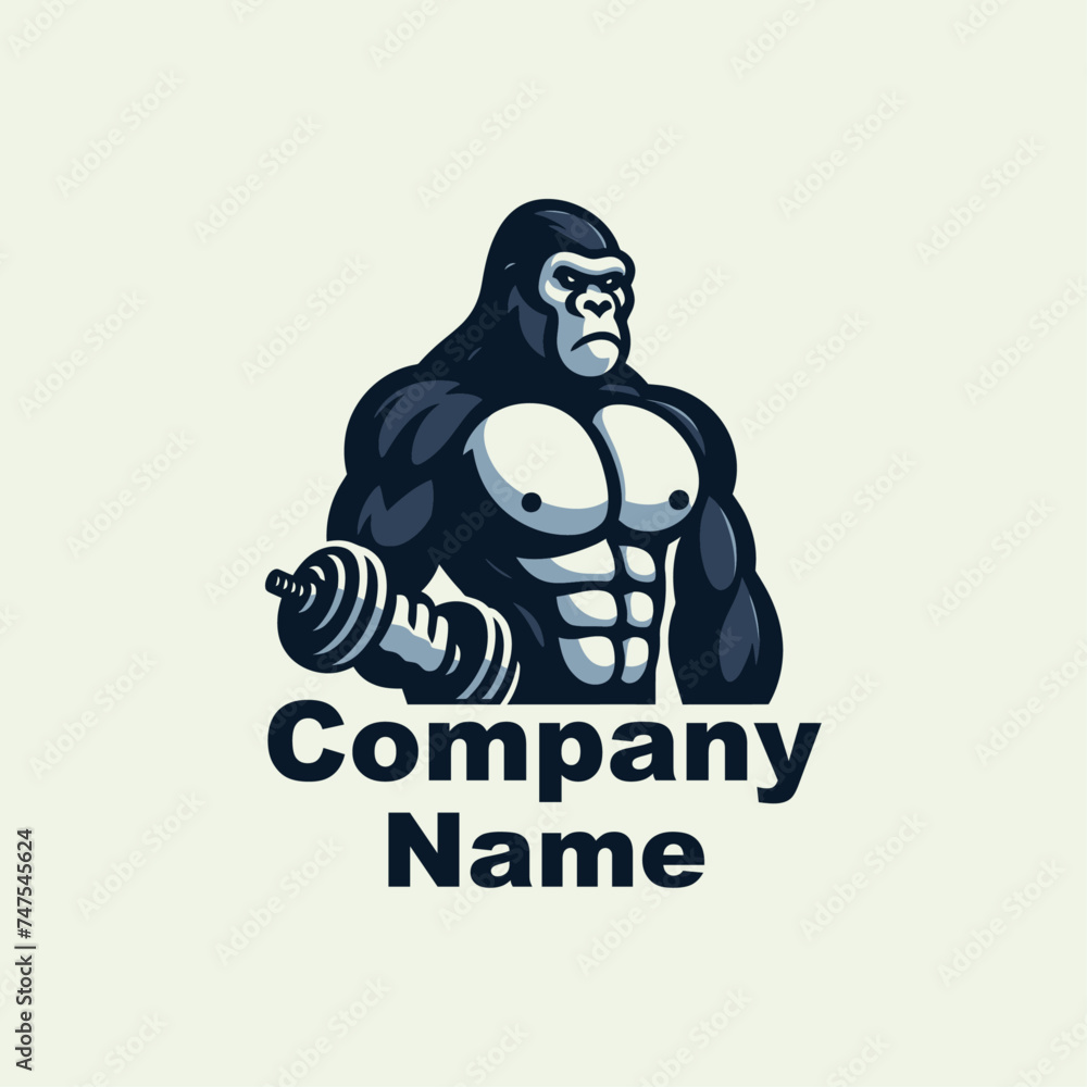 Gorilla with dumbbells. Bodybuilding and fitness logo. Vector illustration