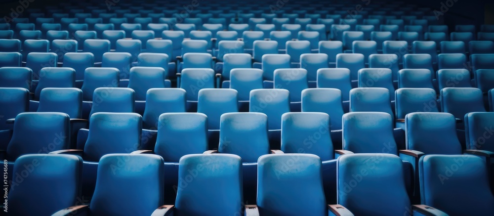 Fototapeta premium A straight row of empty blue seats in a cinema or theater, ready to welcome an audience for a show or movie. The seats are neatly aligned, creating a sense of order and anticipation in the venue.