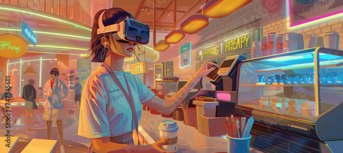 The performance of the girl in virtual reality glasses is at the counter