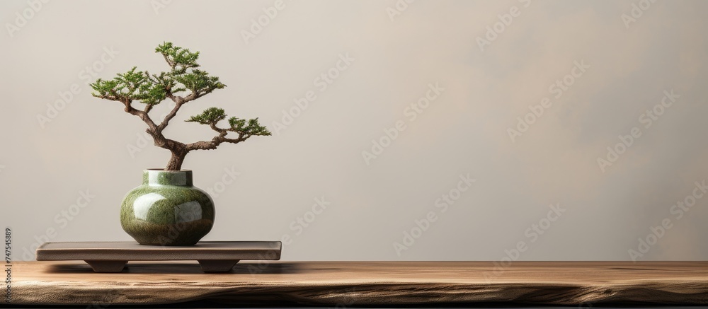 A green bonsai tree is placed in a ceramic vase on a vintage wooden table shelf. The scene reflects a zen concept, creating a calming atmosphere.
