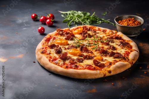 Close-up view photography of a refined  pizza on a marble slab against a polished cement background. AI Generation