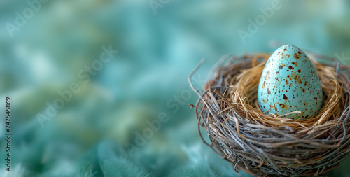 easter egg in an empty nest on blue background