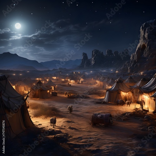 the moonlit desert, with tents and camels resting beneath the serene night sky