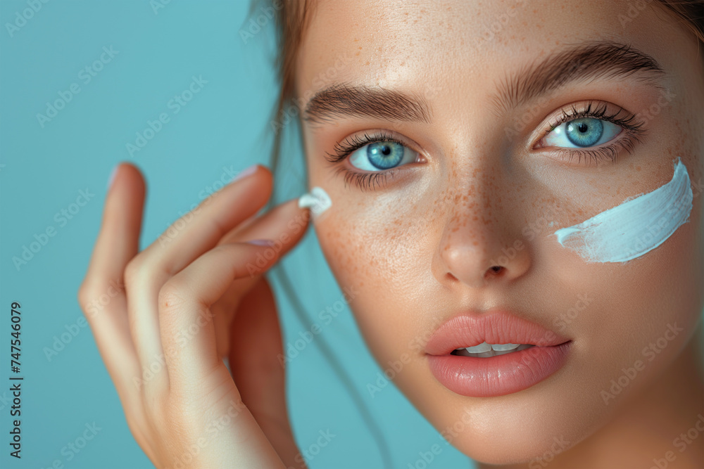Portrait of woman applying cosmetic cream on her face. Close up female face and copy space for text. Moisturizing and nourishing treatment, skin care routine concept