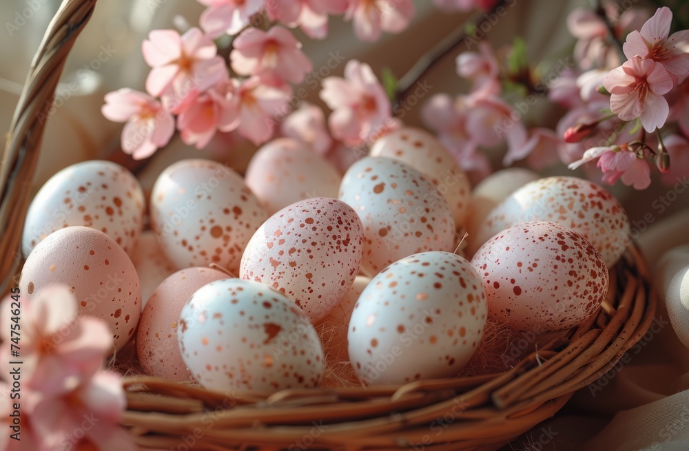 Basket Filled With Gold Eggs on Table Basket Filled With Gold Eggs on Table