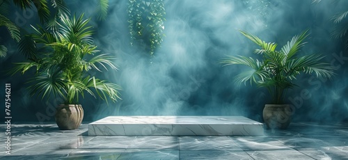 a white marble top with palm plants in the background