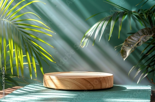 an empty wooden podium on a green background with palm leaves