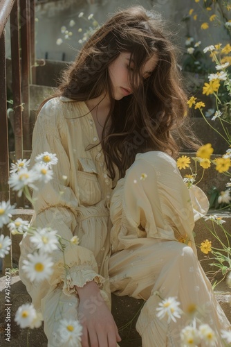 a person sitting on some steps with some flowers