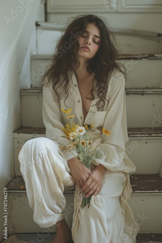 a woman holds flowers while sitting on the stairs