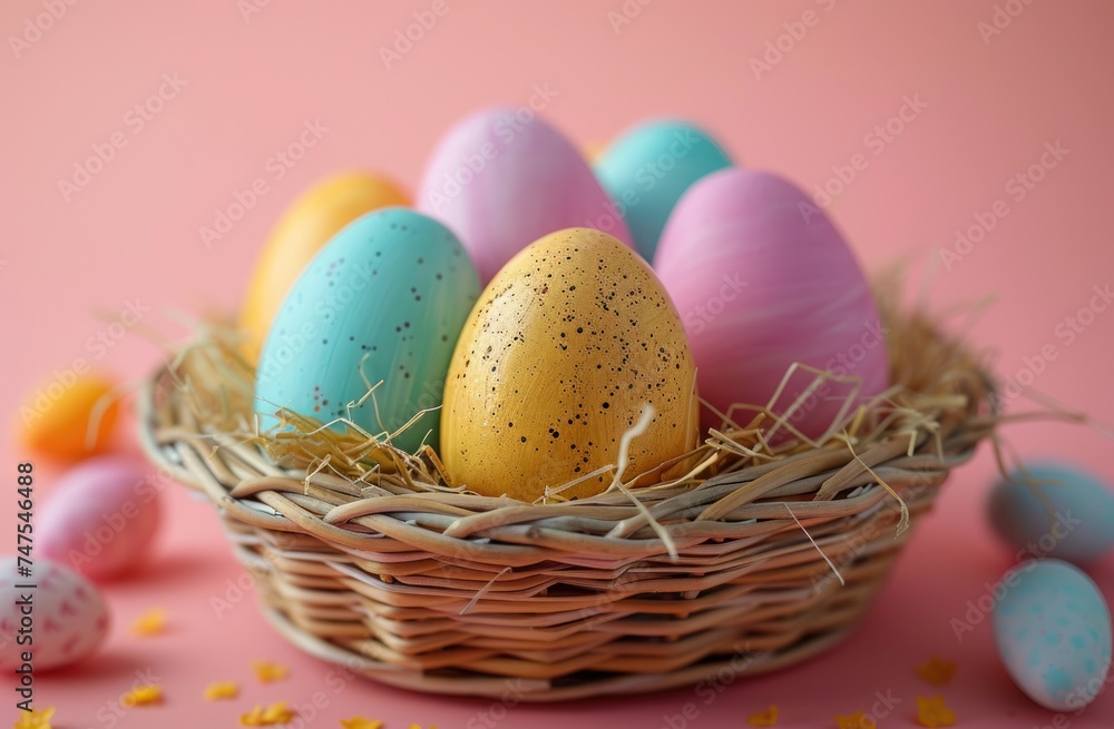 colorful easter eggs in a basket on pink background