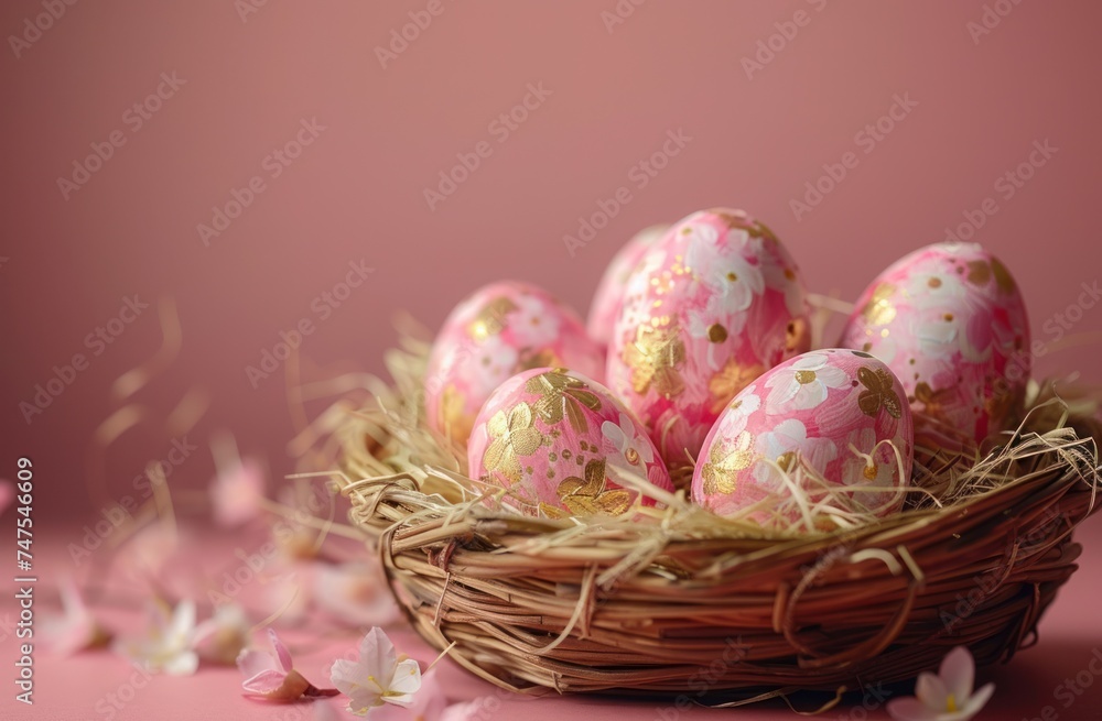basket with painted easter eggs on pink background basket with painted easter eggs on pink background