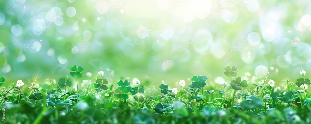 Fototapeta premium Green background with three-leaved shamrocks, Lucky Irish Four Leaf Clover in the Field for St. Patricks Day holiday symbol. with three-leaved shamrocks, St. Patrick's day holiday symbol, earth day.