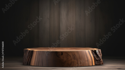 vintage walnut wood podium product display for product presentation photo