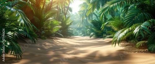 a tropical scene with palm trees and sand and sand