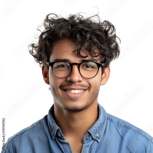 a young man wearing glasses in blue shirt smiling