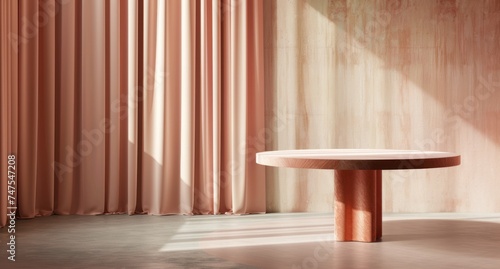 a round velvet table with a pink curtain in front