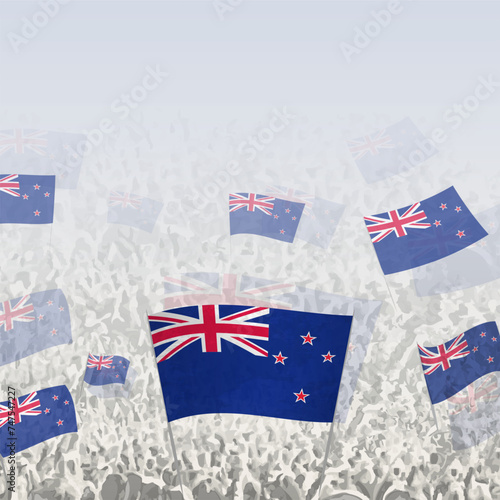 Crowd of people waving flag of New Zealand square graphic for social media and news.