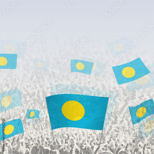 Crowd of people waving flag of Palau square graphic for social media and news.