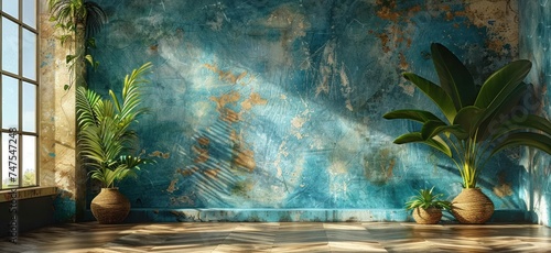a stone block and a green wall in tropical setting