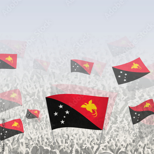 Crowd of people waving flag of Papua New Guinea square graphic for social media and news.
