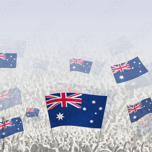 Crowd of people waving flag of Australia square graphic for social media and news.