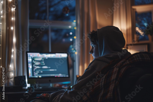 A man in a hoodie is looking at a computer screen