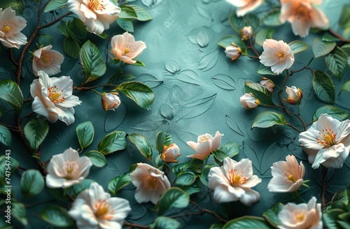 a white frame made from flowers and green leaves over a blue background