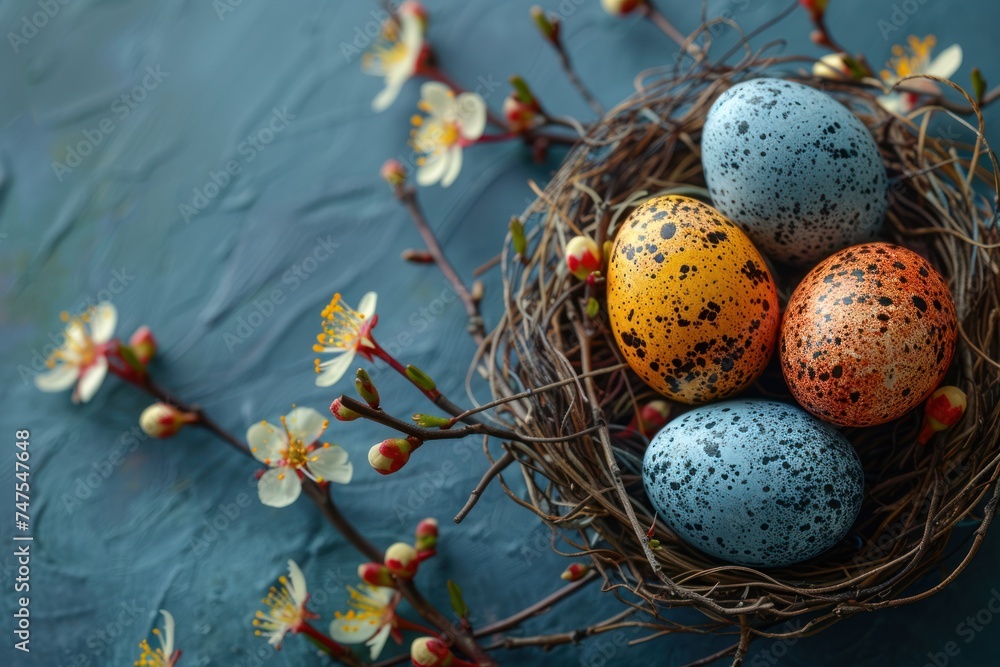 colorful eggs in a nest on blue background colorful eggs in a nest on blue background