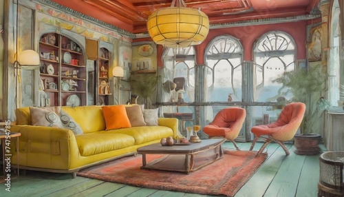 Sunny Elegance: Bright Yellow Living Room with Orange Furniture