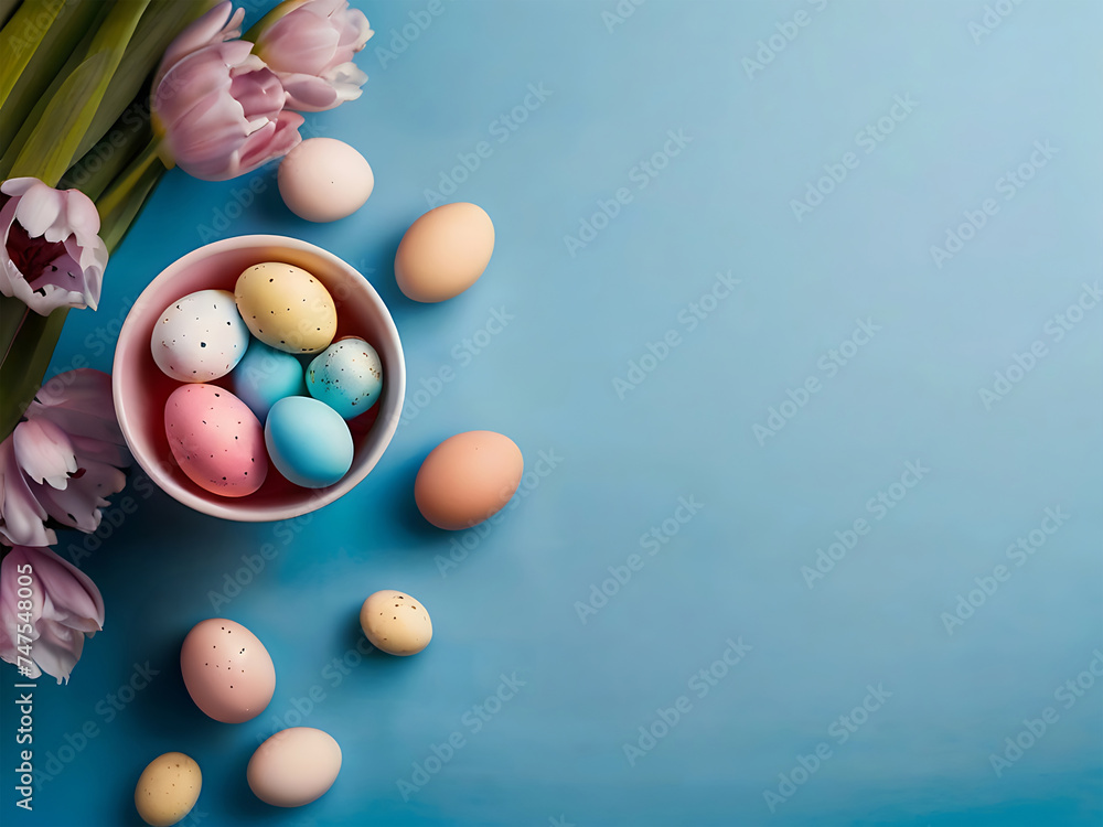 Easter holiday background with Easter eggs and tulip flowers on blue wooden table. Top view from above. 