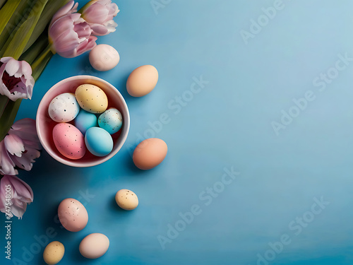 Easter holiday background with Easter eggs and tulip flowers on blue wooden table. Top view from above. 