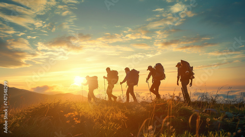 A breathtaking scene unfolds as people walk amidst the mountainous terrain, surrounded by lush grass fields, while the brilliance of the sunrise illuminates the landscape