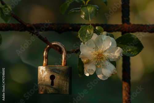 A padlock is hanging from a tree branch next to a flower