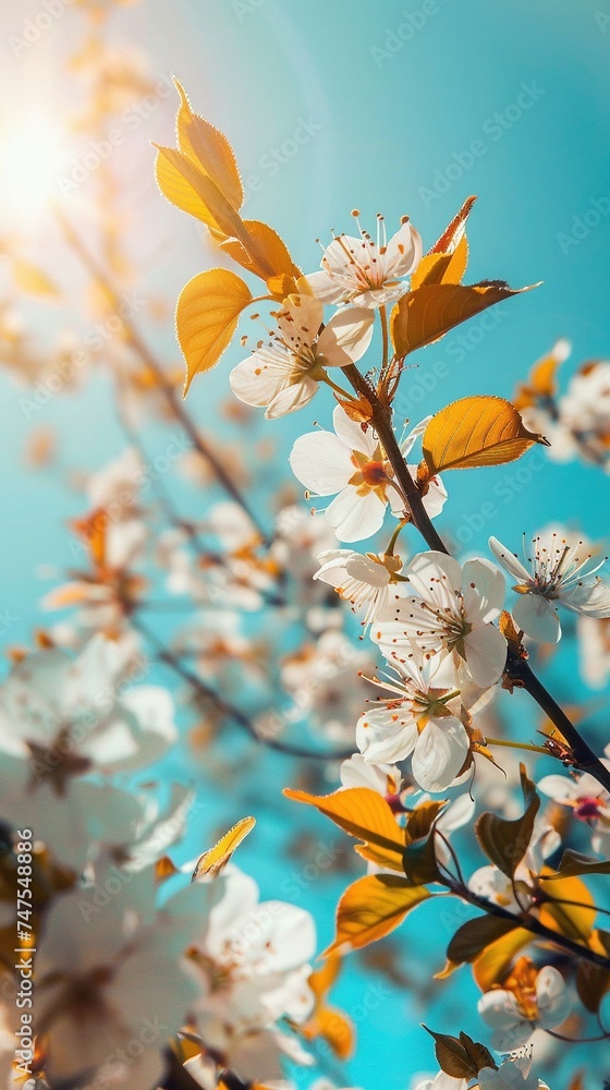 Fototapeta premium Blossoming tree branch on blue sky background. Spring equinox concept
