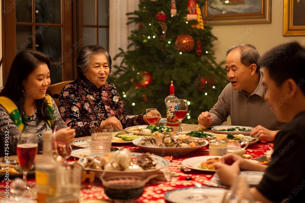 Asian grandmother grandfather grandchildren at Christmas eating dinner together 