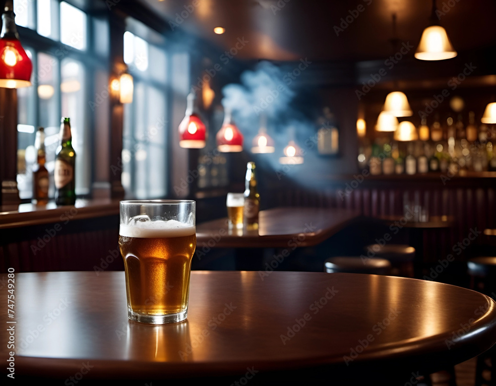 Glass of beer on a table in a bar. Interior of an empty pub Glass of beer on a table in a bar. Interior of an empty pub