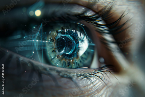 A close up of a woman 's eye with a futuristic display