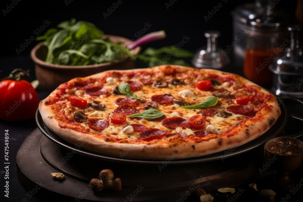 Close-up view photography of a delicious pizza in a clay dish against a polished metal background. AI Generation