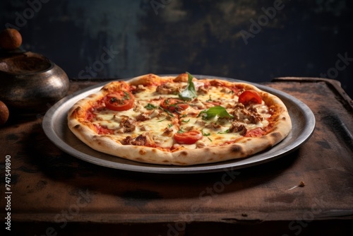 Close-up view photography of a delicious pizza in a clay dish against a polished metal background. AI Generation