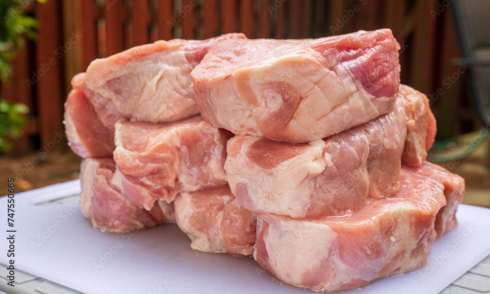 Background of raw pork tenderloins for barbecue. The meat has natural colors, not too much red to attract buyers. They are sliced with different thickness. Good concepts for designing food sale Background of raw pork tenderloins for barbecue. The meat has natural colors, not too much red to attract buyers. They are sliced with different thickness. Good concepts for designing food sale