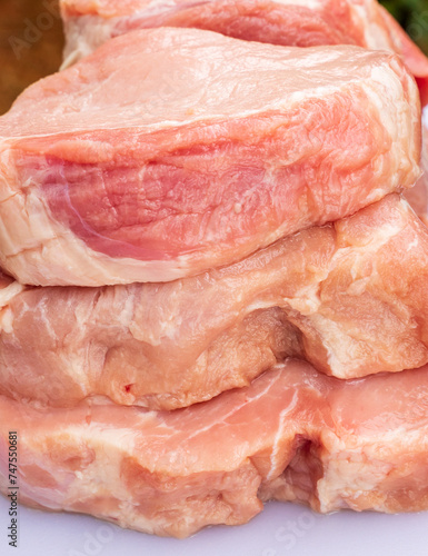 Background of raw pork tenderloins. The meat has natural colors, not too much red to attract buyers. They are sliced with different thickness. Good concepts for designing food court, groceries areas. 