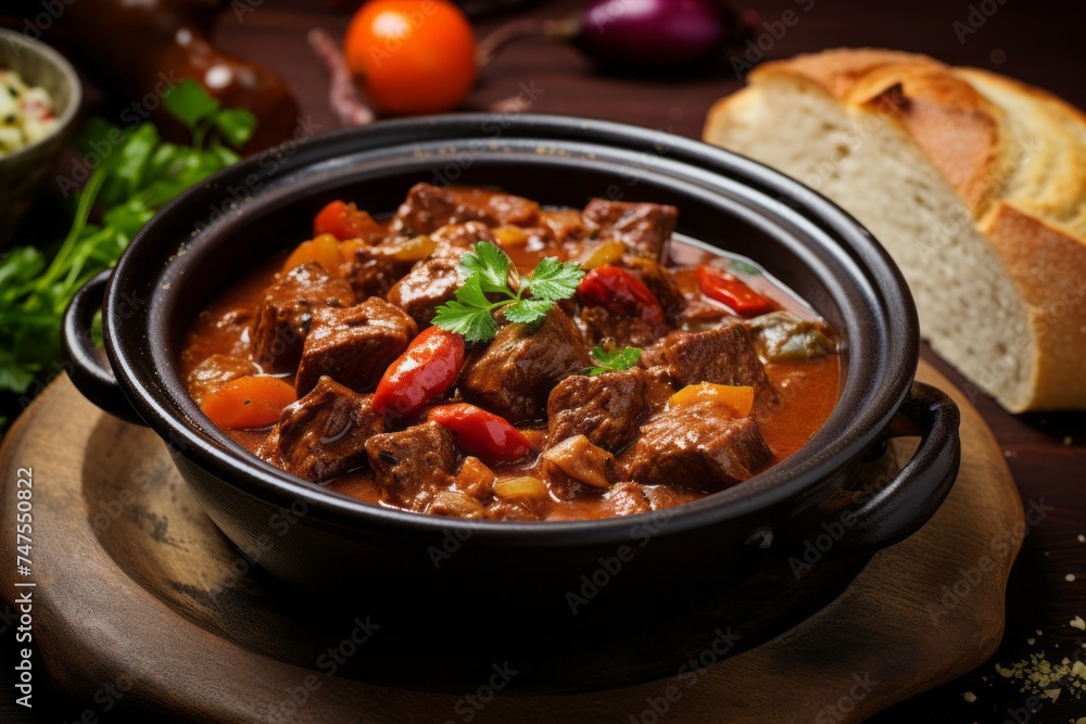 Highly detailed close-up photography of an hearty goulash in a clay dish against a polished cement background. AI Generation